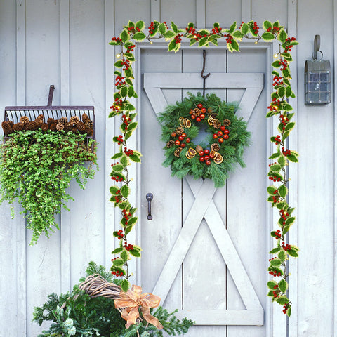 Juegoal garland on mantel with stockings showing scale and styling idea