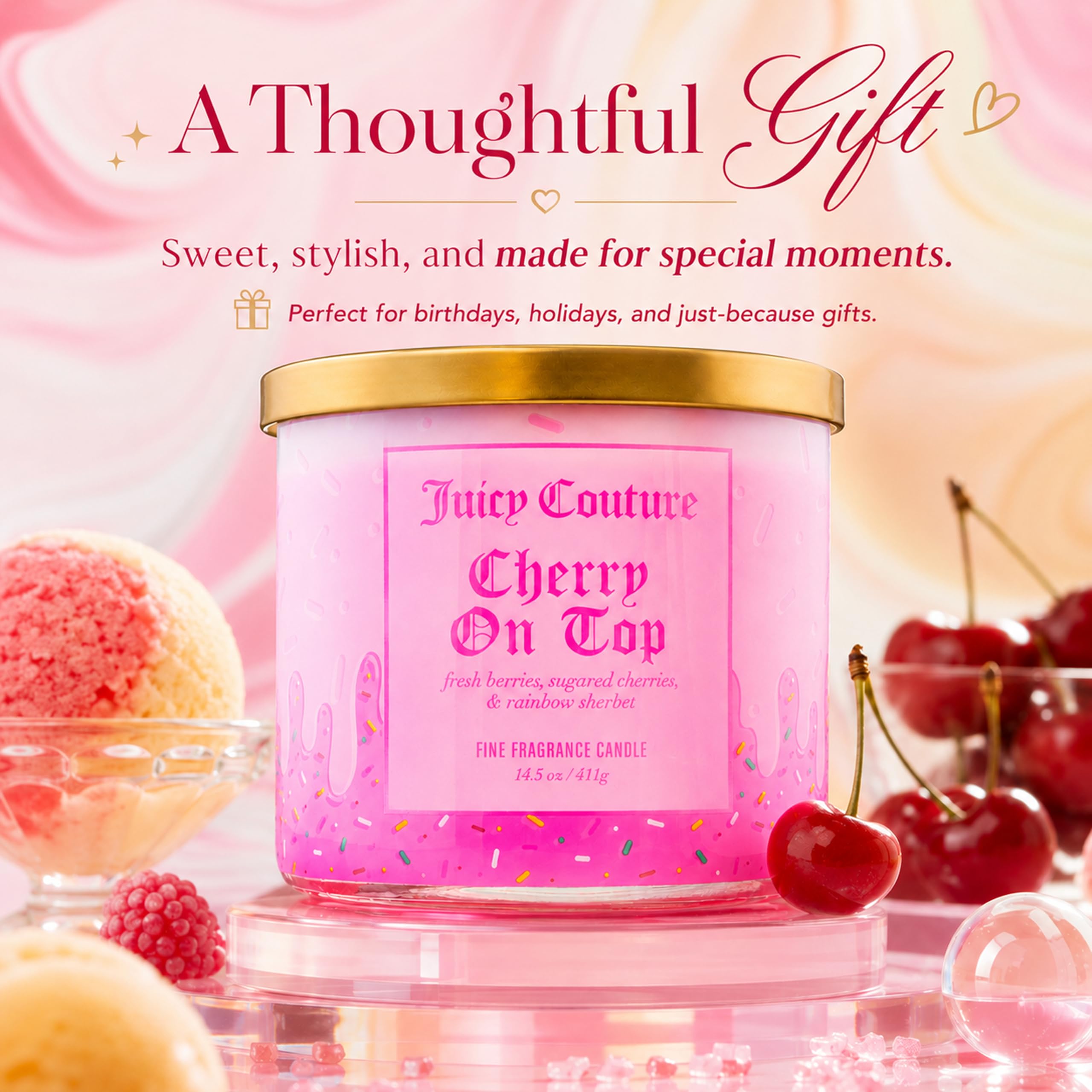 Juicy Couture burnt candle melt pool showing even wax melt and maximized scent throw benefit