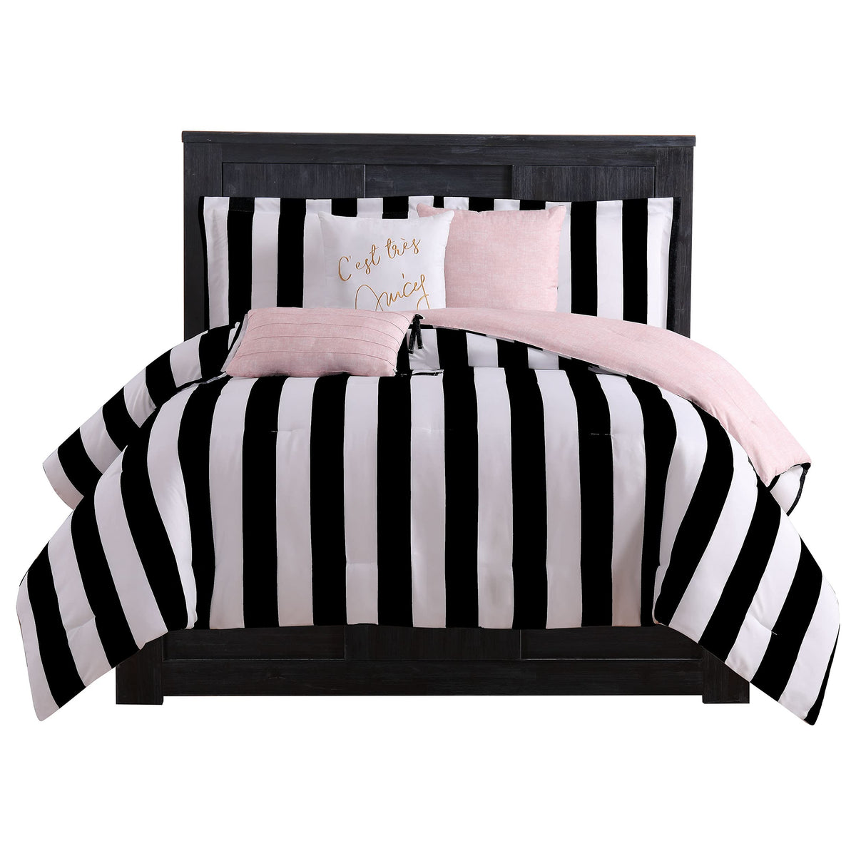 Juicy Couture comforter front view showing black and white stripes and bold style benefit
