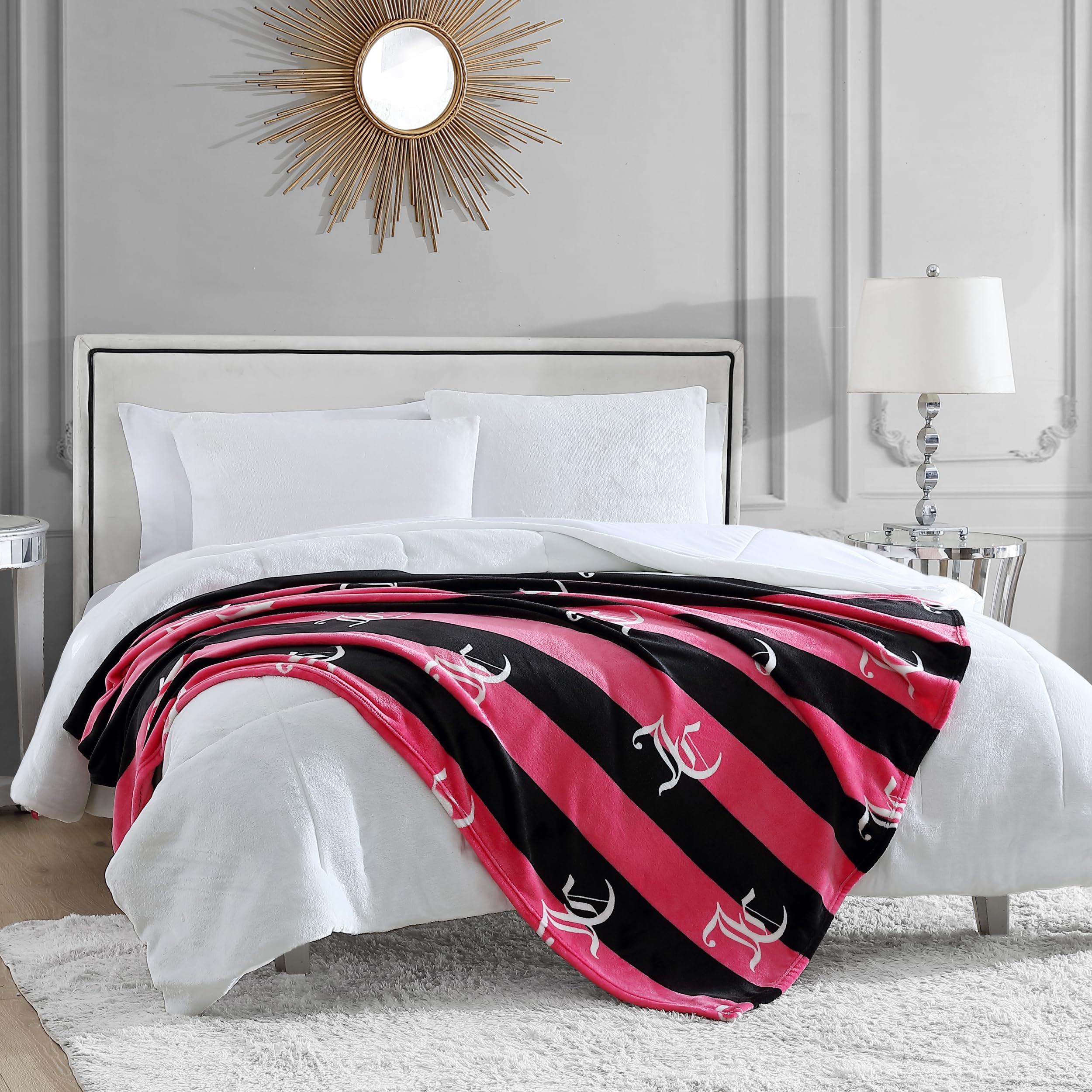 Juicy Couture throw draped on sofa illustrating stylish layering and comfort
