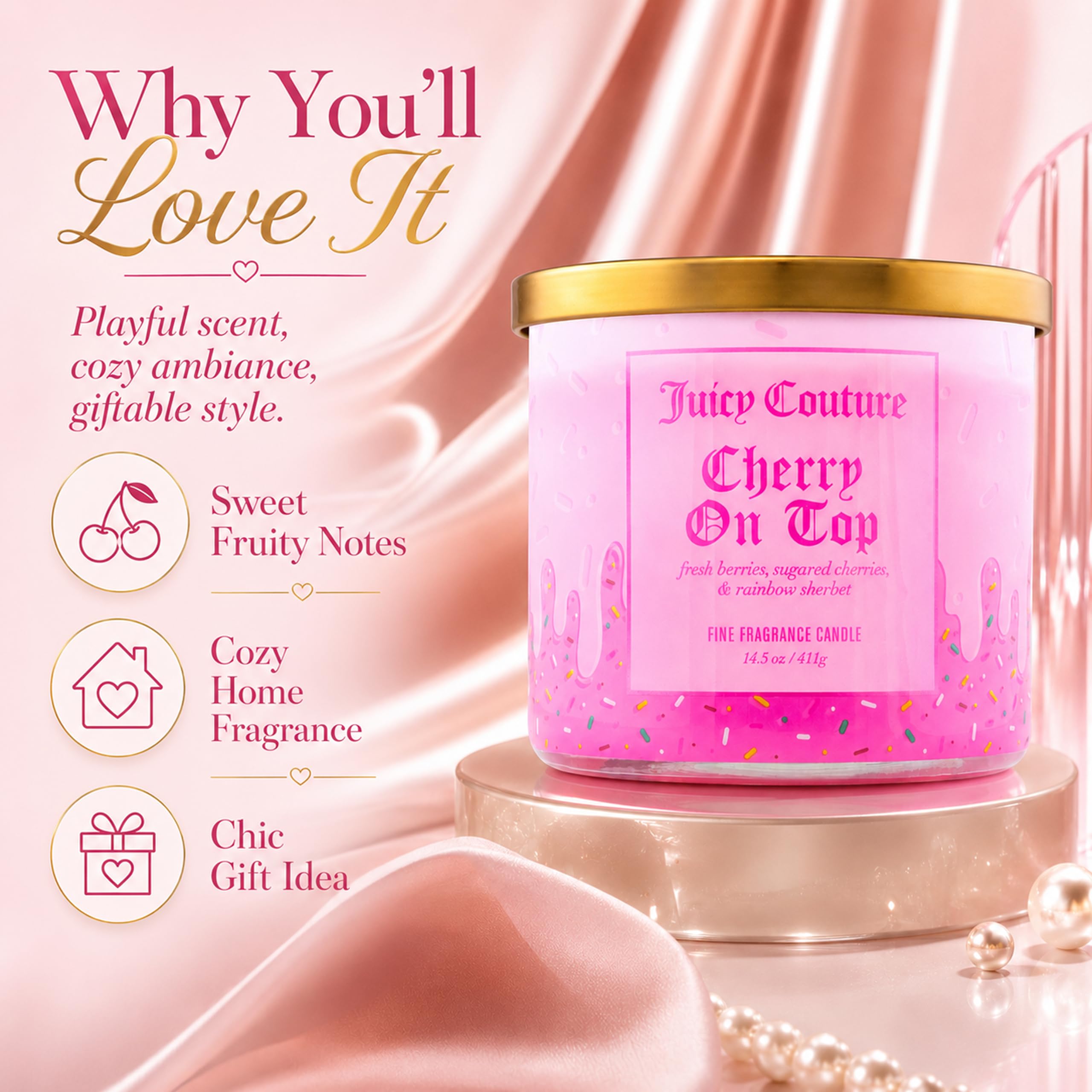 Juicy Couture candle lit in room showing mood-setting fragrance and inviting ambiance benefit