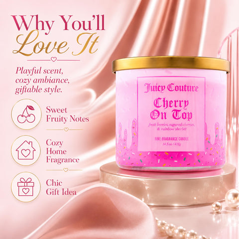 Juicy Couture candle lit in room showing mood-setting fragrance and inviting ambiance benefit