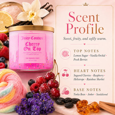 Juicy Couture sugared cherry close-up illustrating fruity notes and sweet aroma benefit