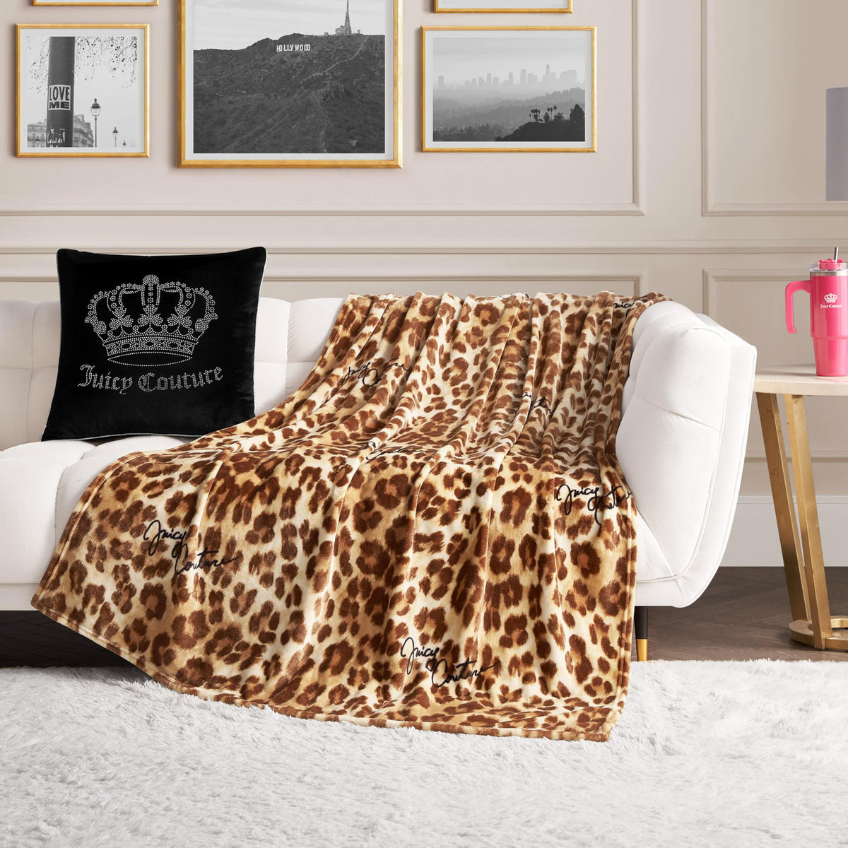 Juicy Couture front view of throw showing leopard pattern and stylish look