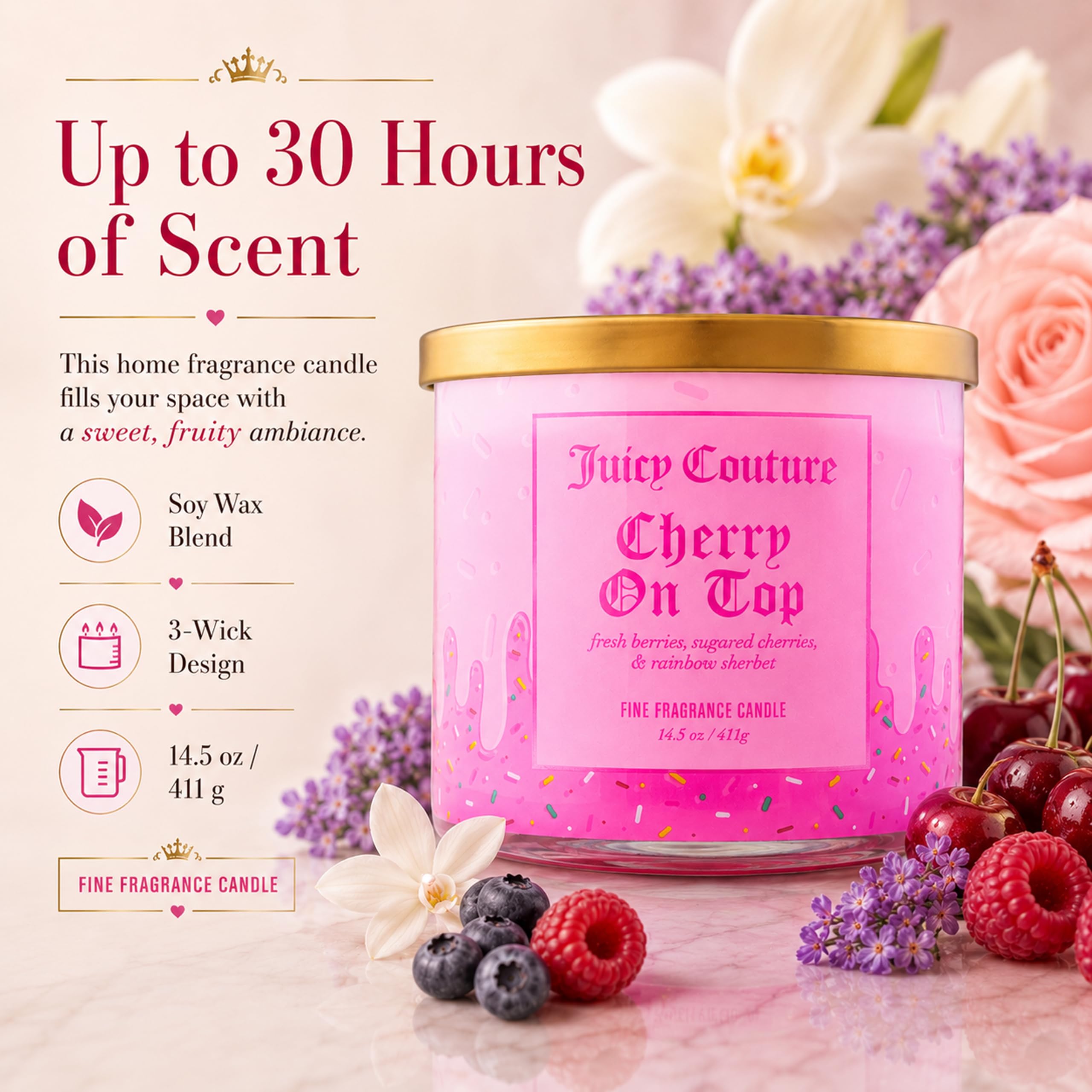 Juicy Couture candle next to common objects showing size for easy styling and gifting benefit