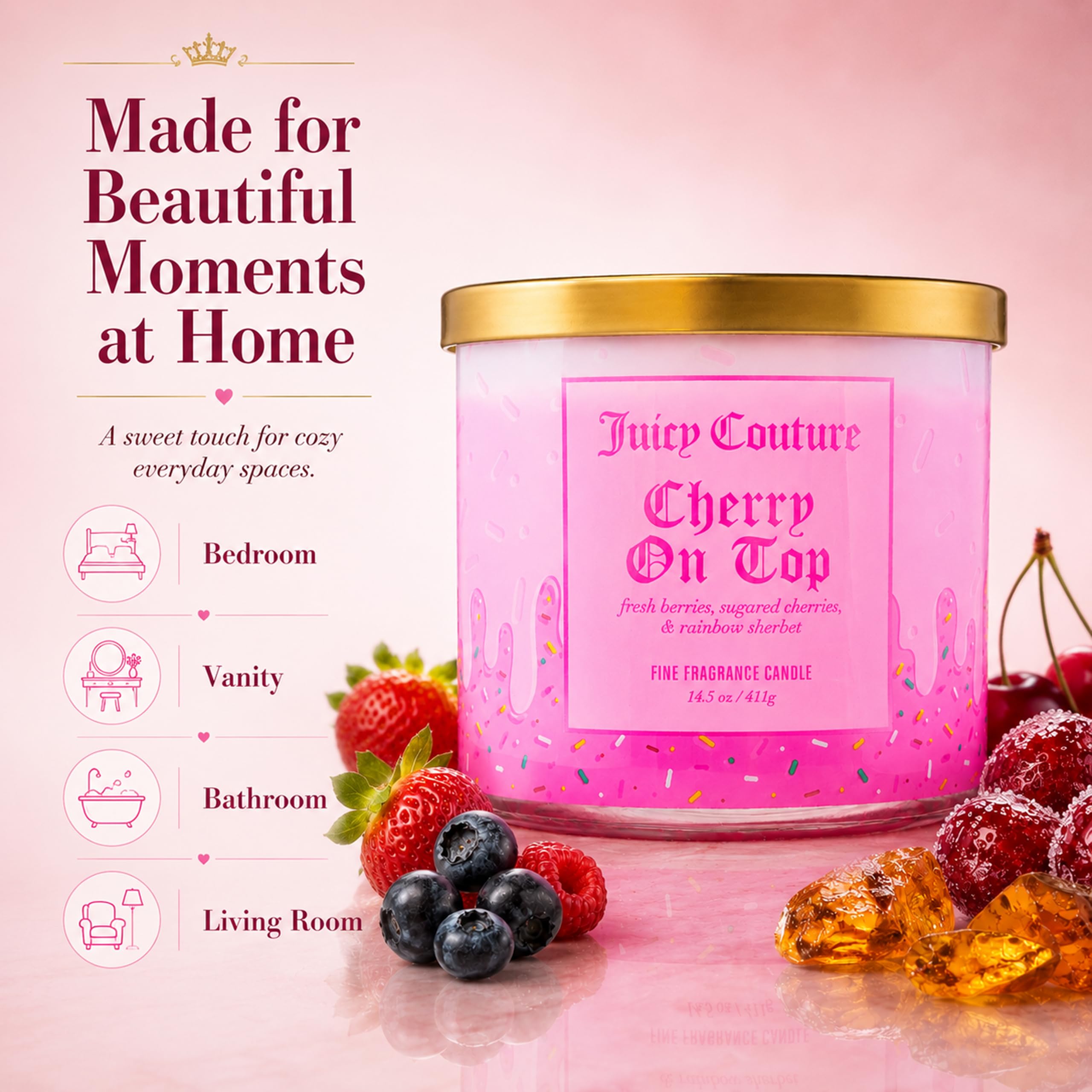 Juicy Couture sherbet texture detail evoking creamy scent layers and cozy atmosphere benefit