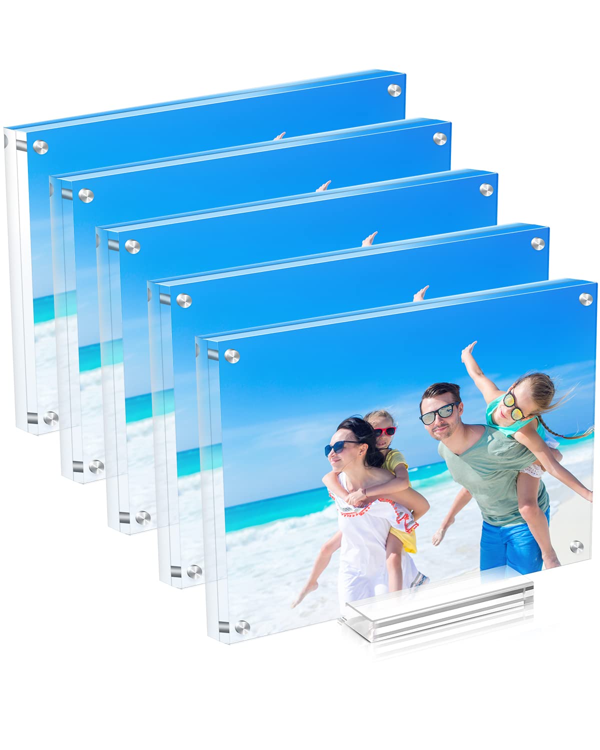 JUOIFIP front view of double-sided acrylic frame showcasing floating photos and modern clarity