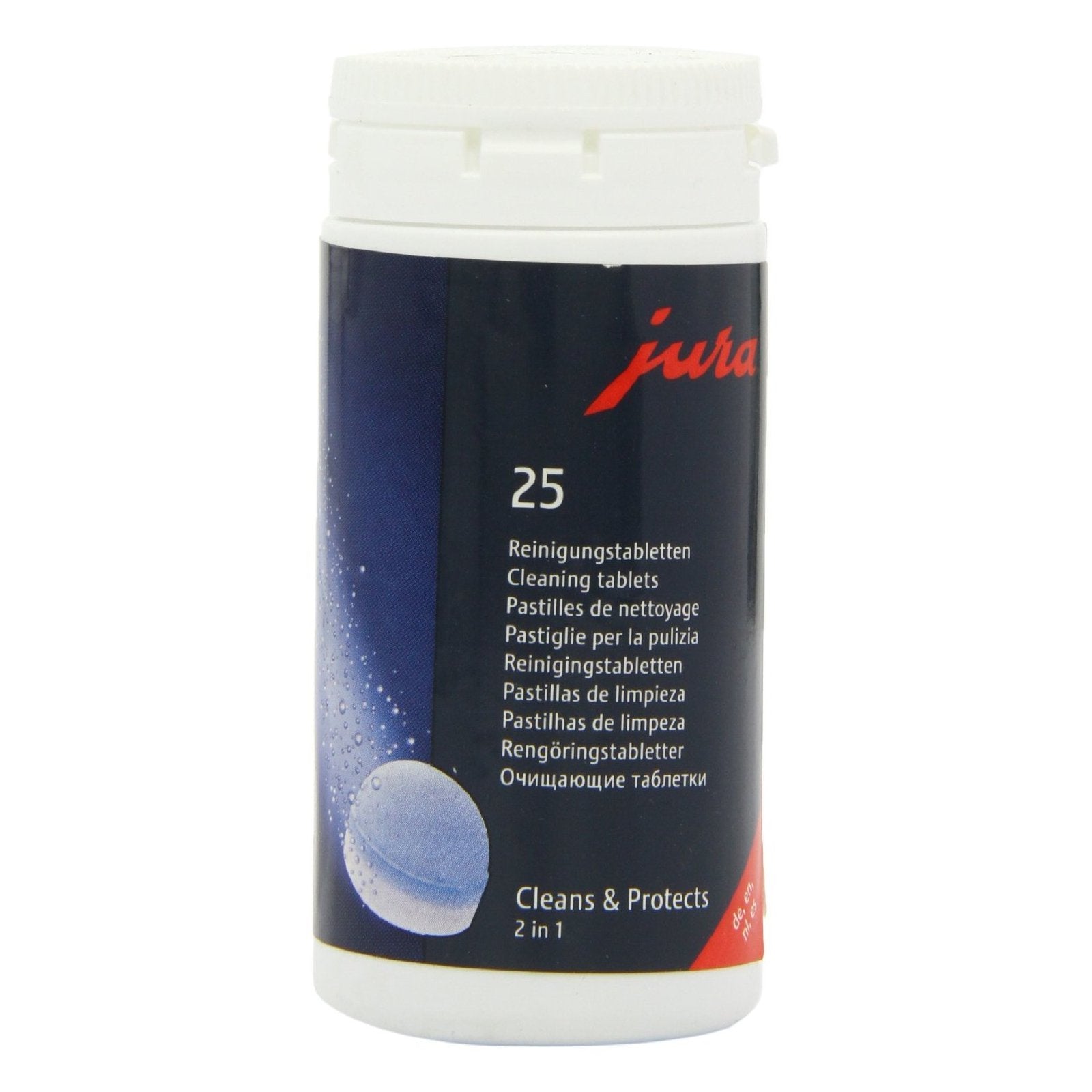 Jura 2-phase cleaning tablets front pack showing tablets and brand, ensuring easy machine maintenance