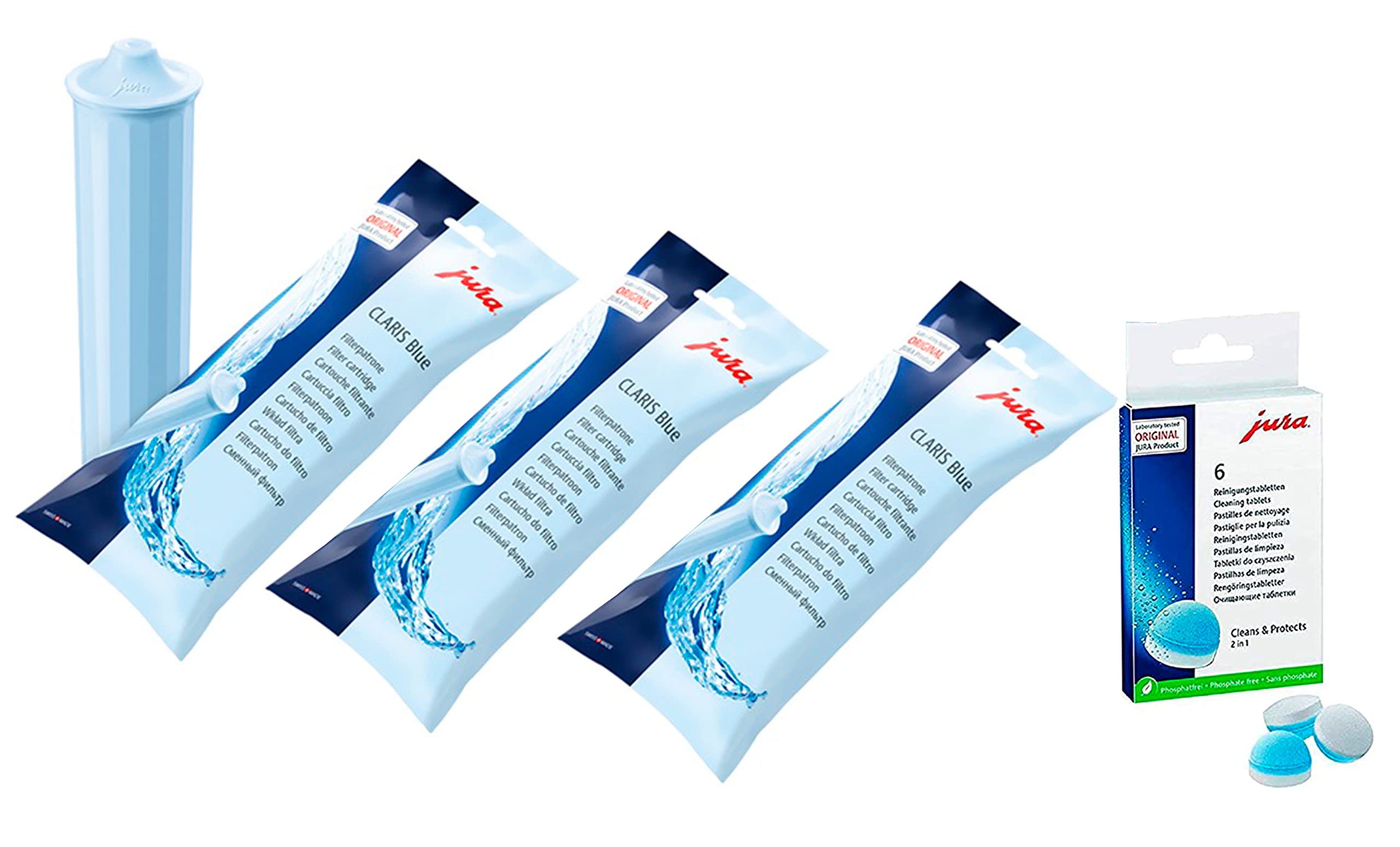 Jura Claris Blue front packaging showing three cartridges and brand, ensures cleaner water