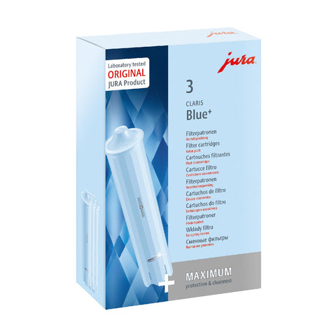 Jura CLARIS Blue+ front packaging showing three cartridges and benefits