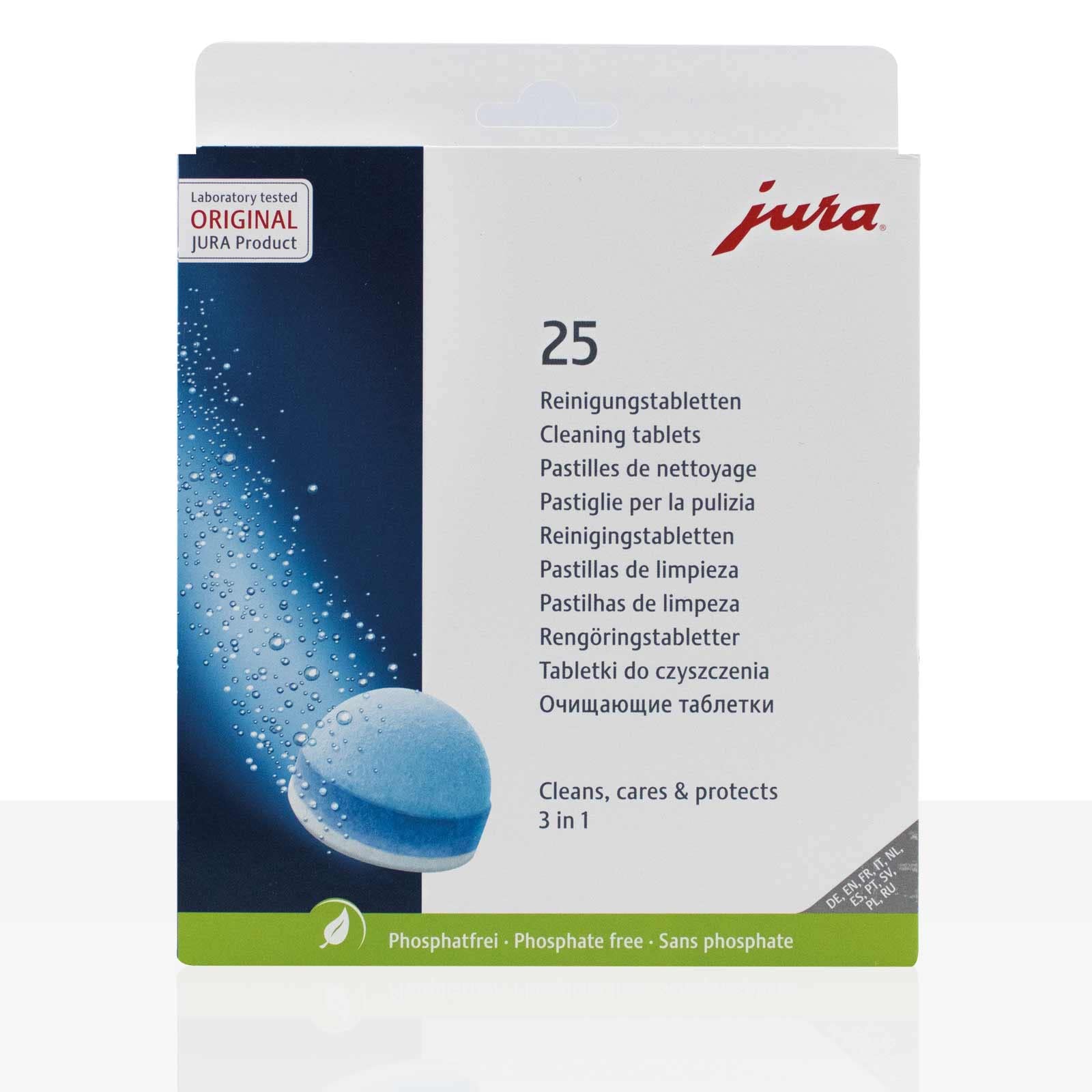 Jura front packaging showing 25 cleaning tablets and clear product branding for maintenance