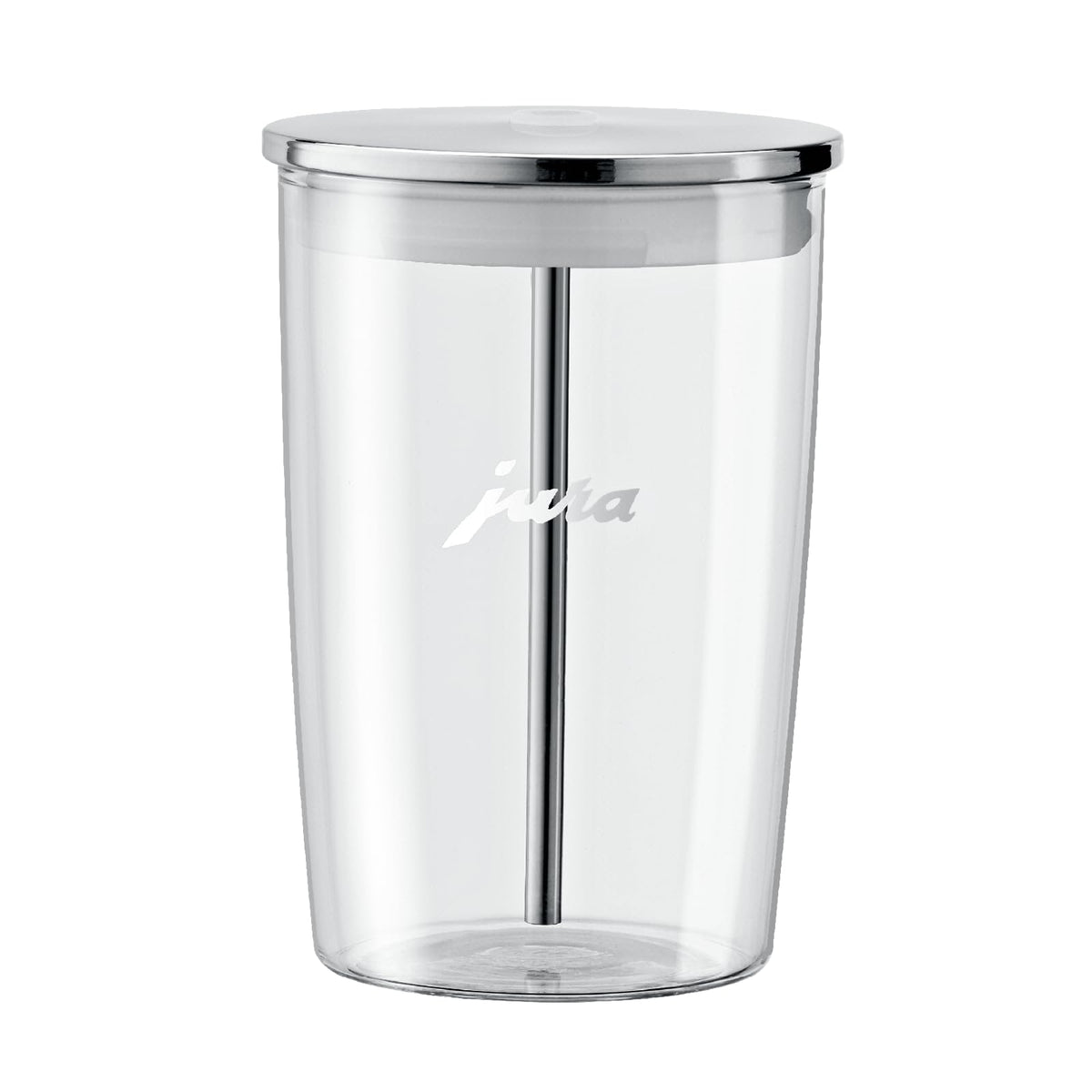 Jura glass milk container front view showing clean design and easy storage