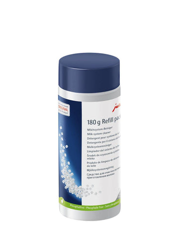 Jura milk system cleaner bottle front showing label, keeps milk tubes hygienic