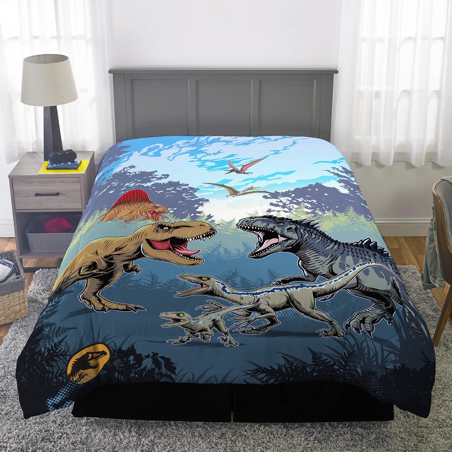 Jurassic World pillowcase detail with matching print benefit: coordinated look