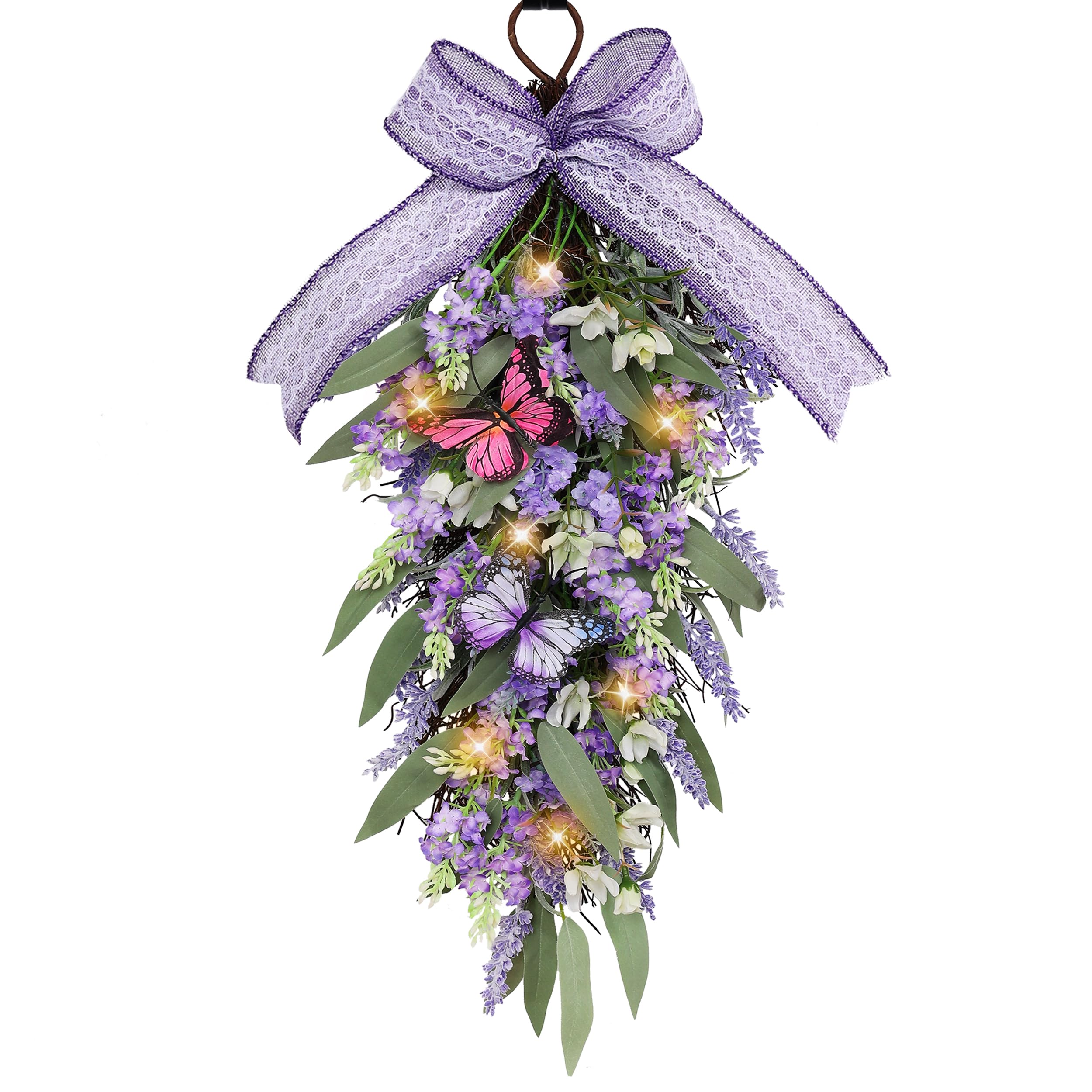 Jusdreen teardrop wreath front view showing full faux lavender and eucalyptus arrangement for curb appeal