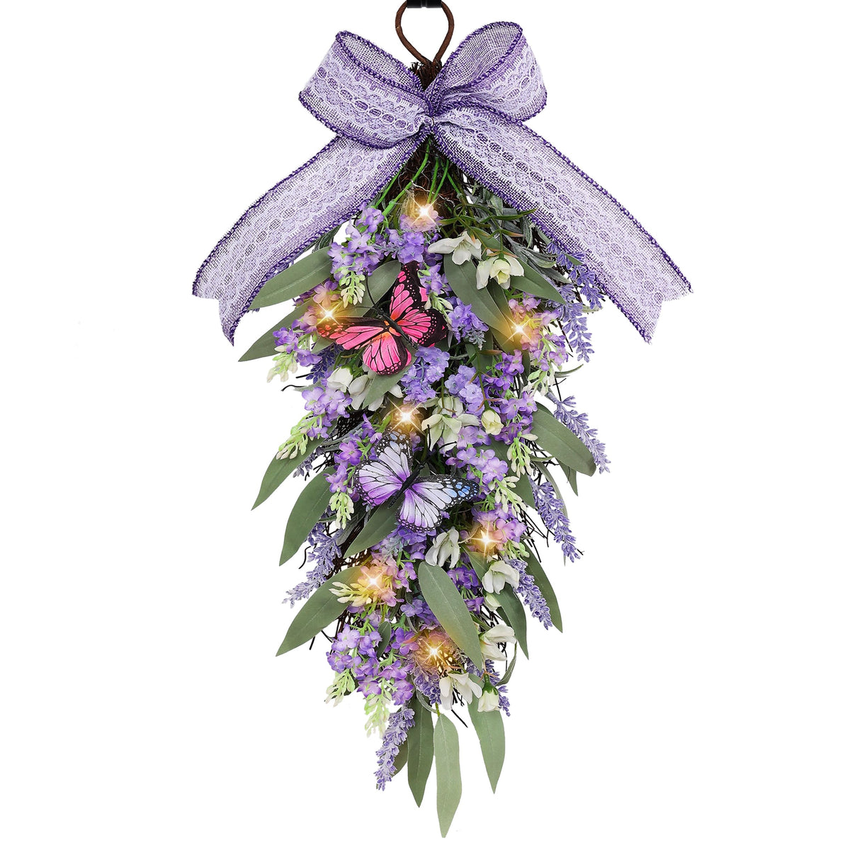 Jusdreen teardrop wreath front view showing full faux lavender and eucalyptus arrangement for curb appeal