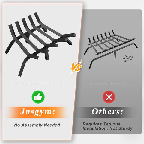 Jusgym grate in a home hearth demonstrating steadier, longer burns benefit