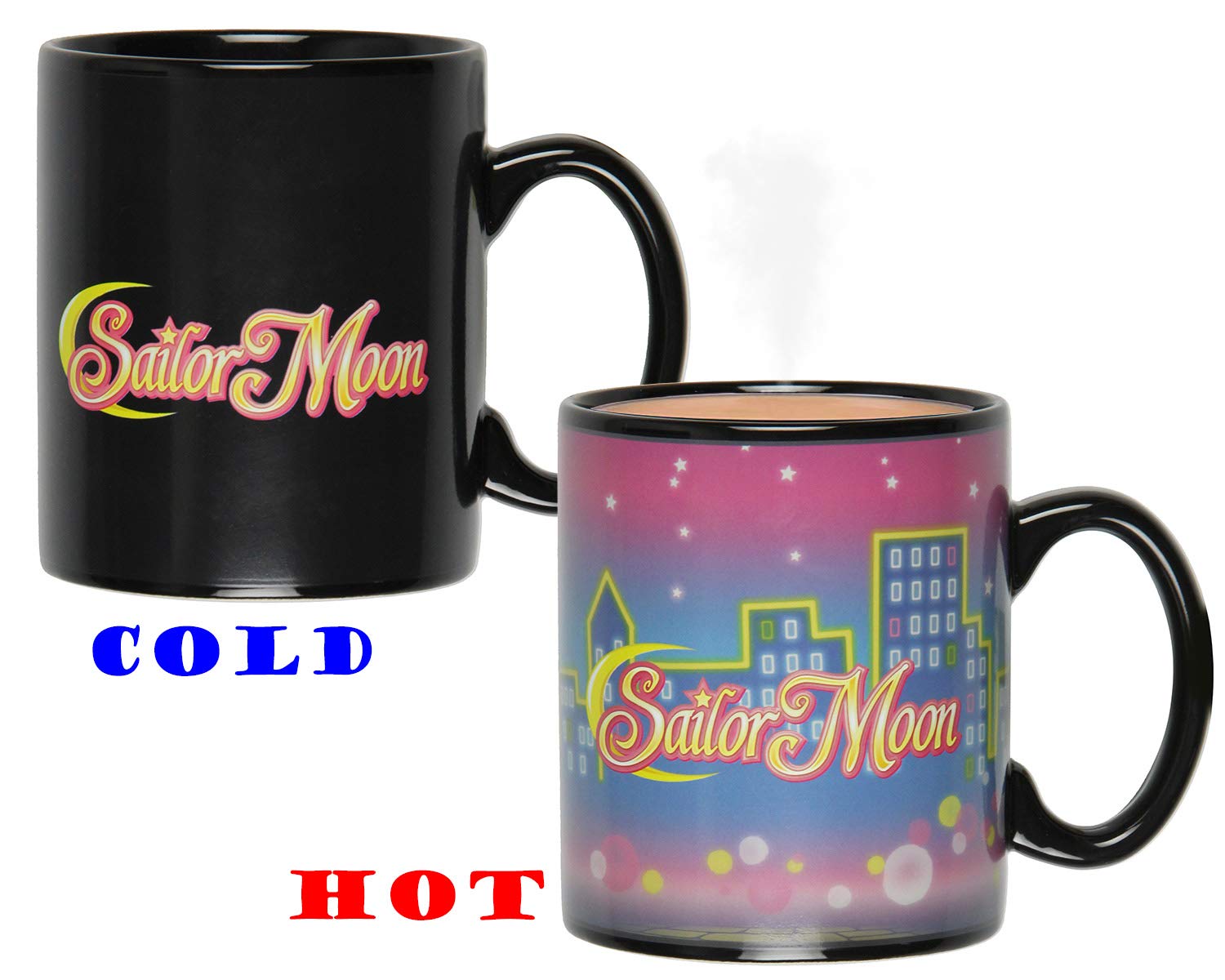 JUST FUNKY mug in use on desk with steam showing color change benefit