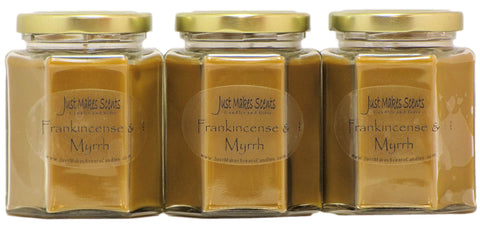 Just Makes Scents jar front view showing frankincense myrrh label and cozy appeal