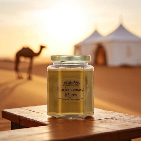 Just Makes Scents candle lit on a living room table creating warm atmosphere