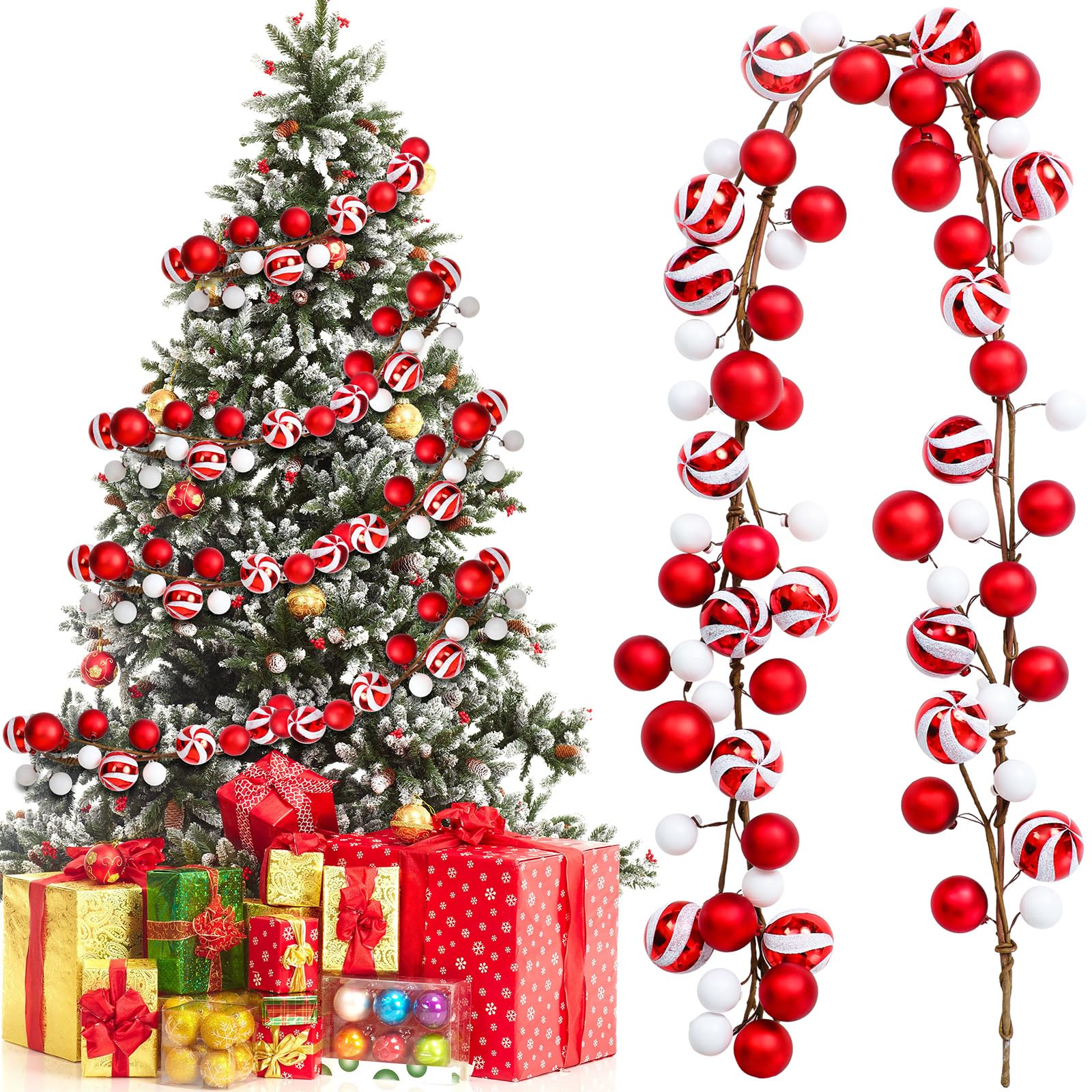 Jutom front view of 6ft garland on tree showing festive red white contrast