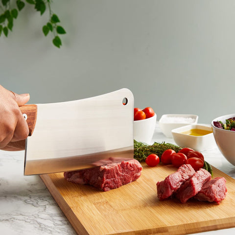 Juvale cleaver cutting brisket in use showing heavy-duty performance