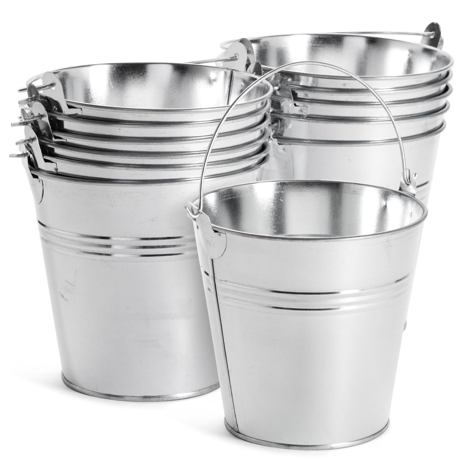 Juvale front view of 12-pack galvanized mini buckets showing coordinated set benefit