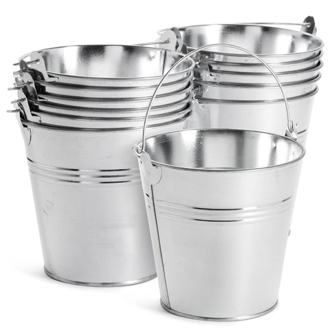 Juvale front view of 12-pack galvanized mini buckets showing coordinated set benefit