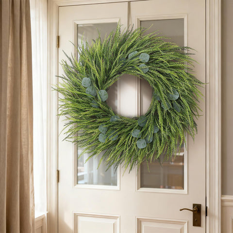 Juxdp wreath above fireplace adding low-maintenance decor charm