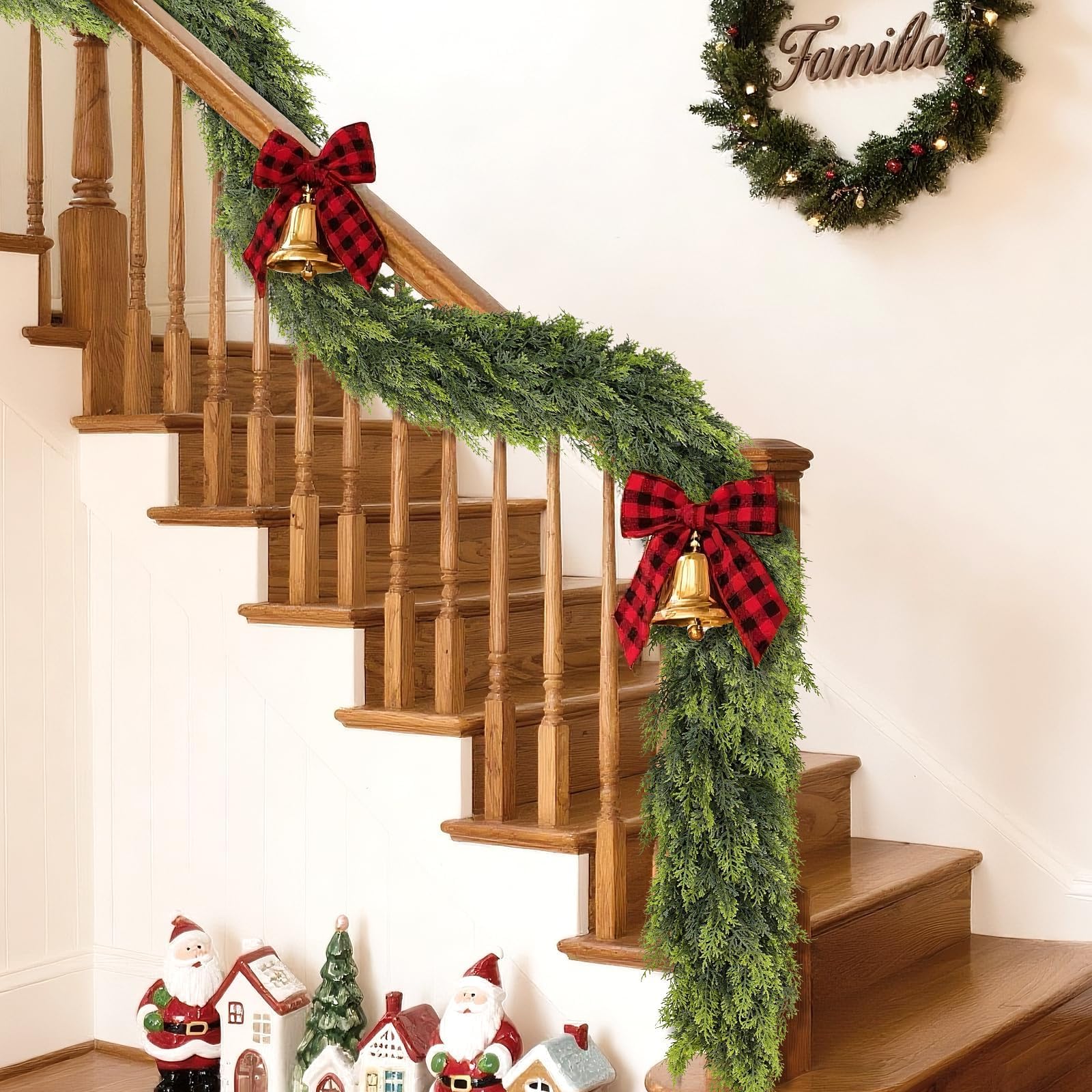 Juxdp garland hung on porch under eave illustrating weather-resistant benefit