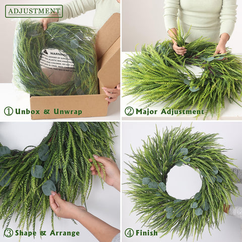 Juxdp wreath hung on porch adding year-round greenery