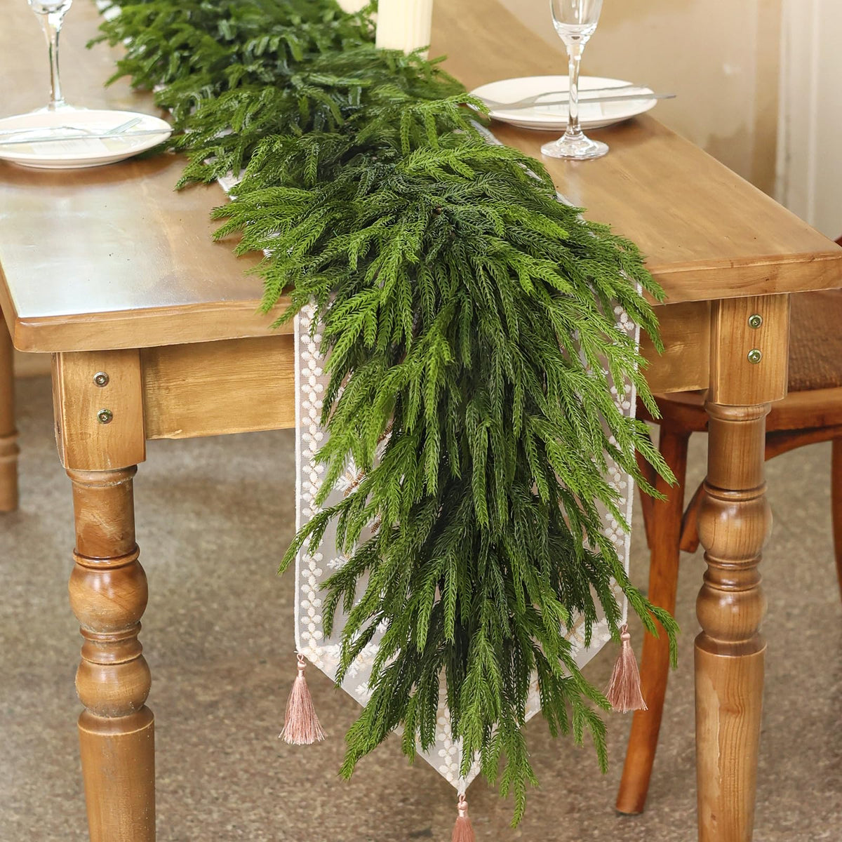 Juxdp Norfolk pine garland front view showing natural fullness and instant decor benefit