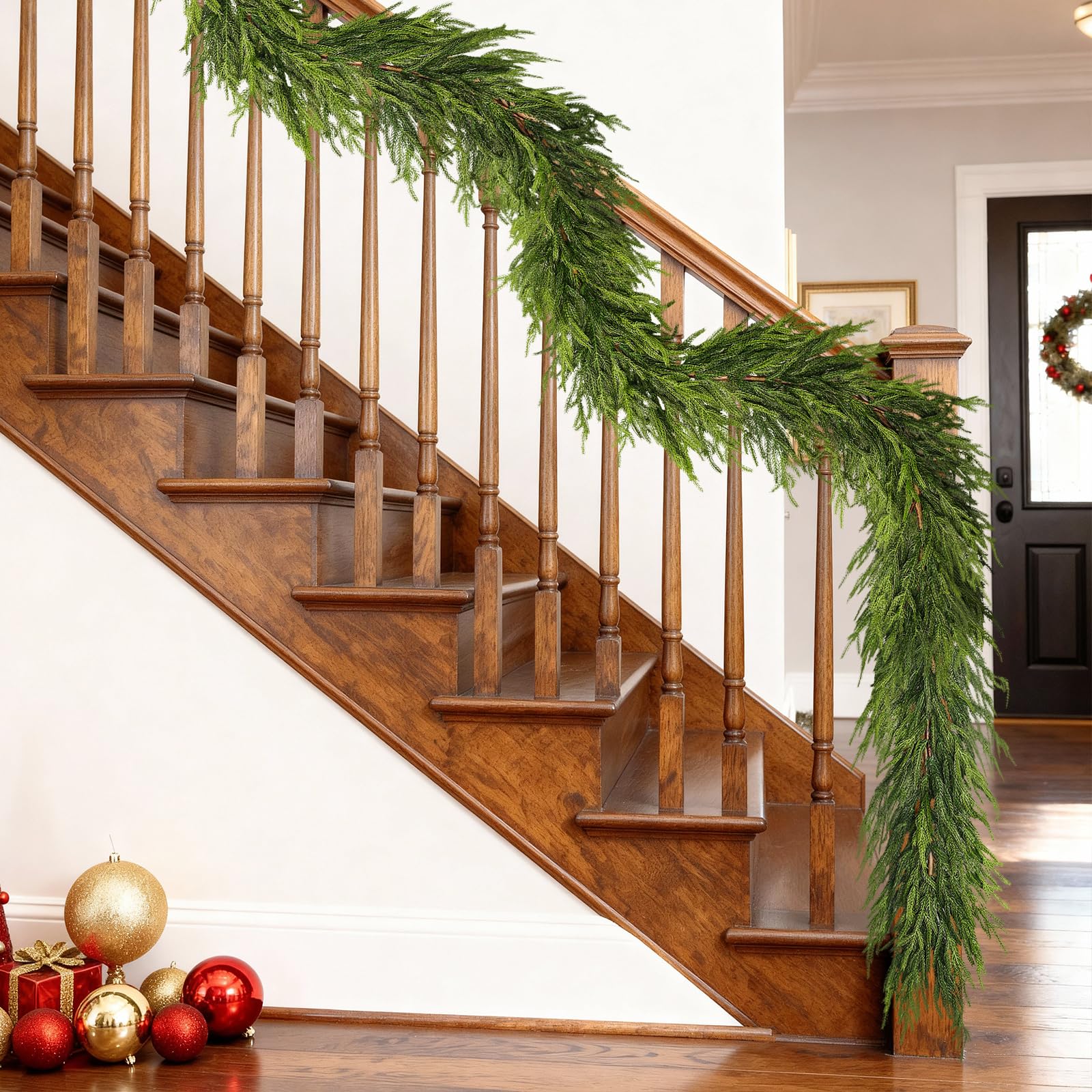 Juxdp garland on stair rail displaying versatile fit and easy styling benefit