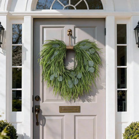 Juxdp wreath next to door hanger showing 22-inch scale for sizing