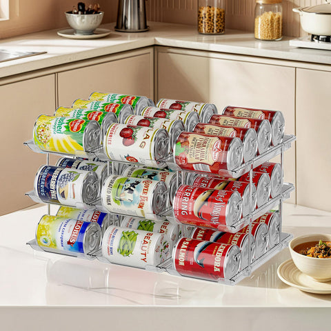 JUYUANHOM front view of 3-tier can organizer showing tidy stacked cans and accessibility