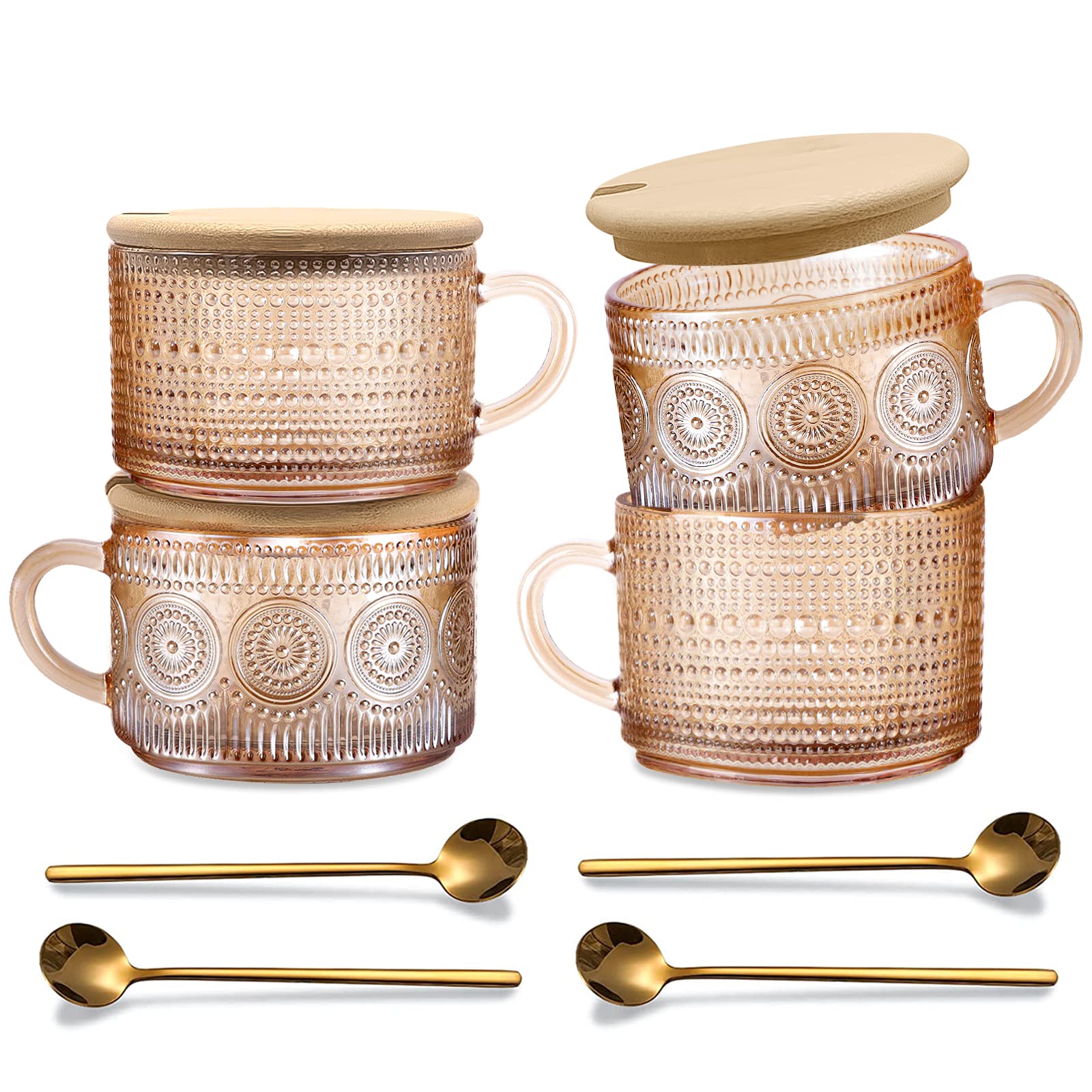 JVJRFQ front view of four amber glass mugs showing set and handle benefit