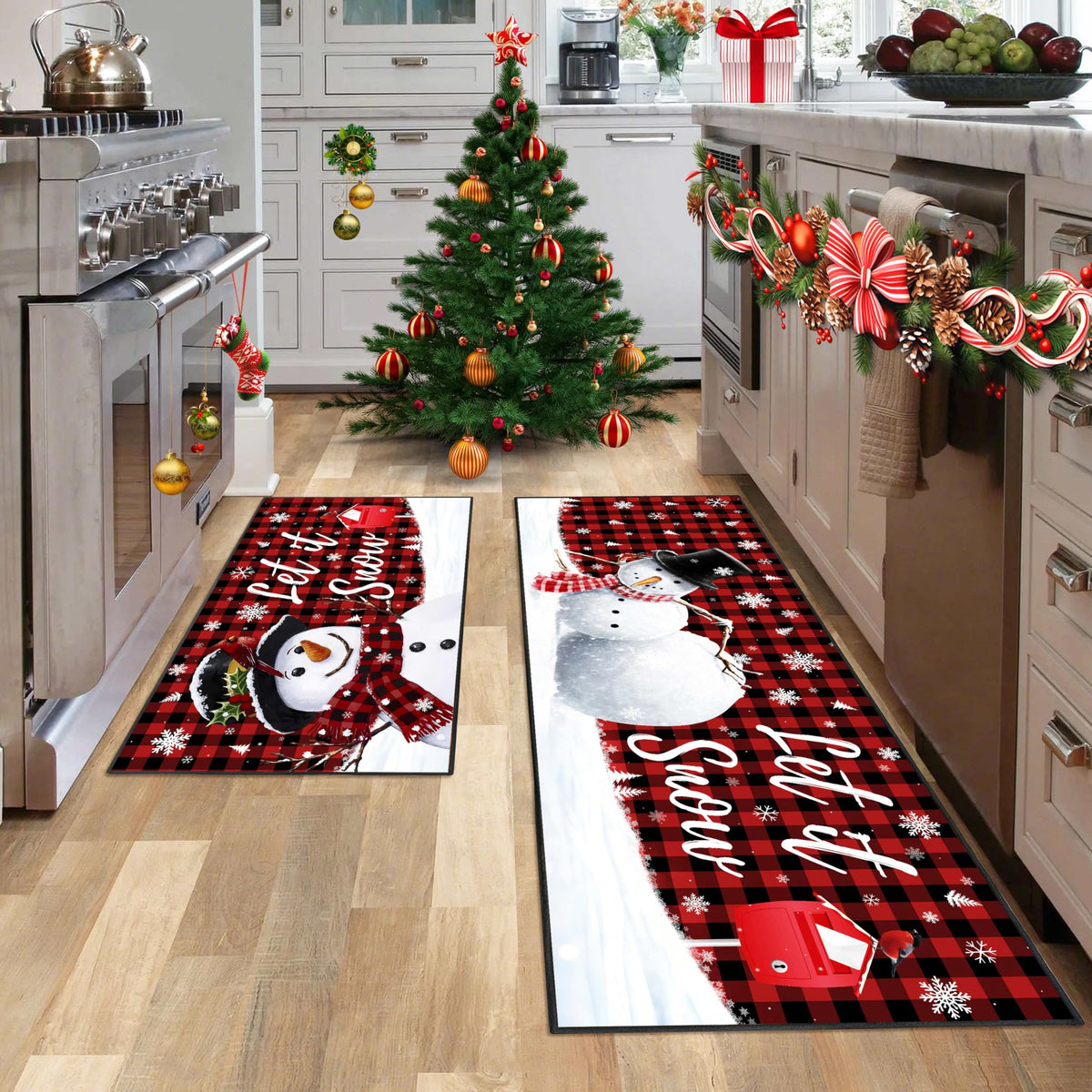 JWXCBIM front view of buffalo plaid snowman kitchen mats shows festive coverage and comfort