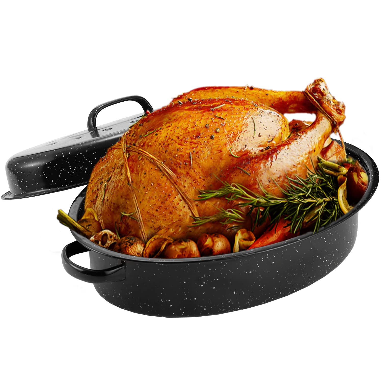 JY COOKMENT domed lid close-up showing seal and steam retention for juicier roasts