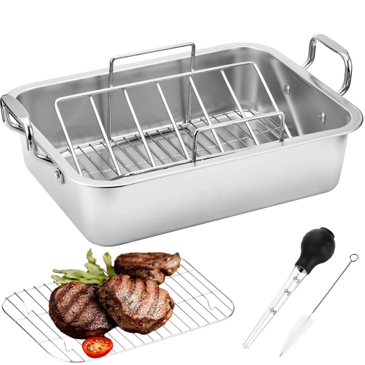 JY COOKMENT front view of stainless steel roaster pan showing capacity benefit