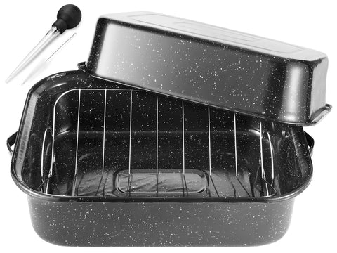 JY COOKMENT front view of 21-inch roasting pan showing capacity and finish benefit even roasting