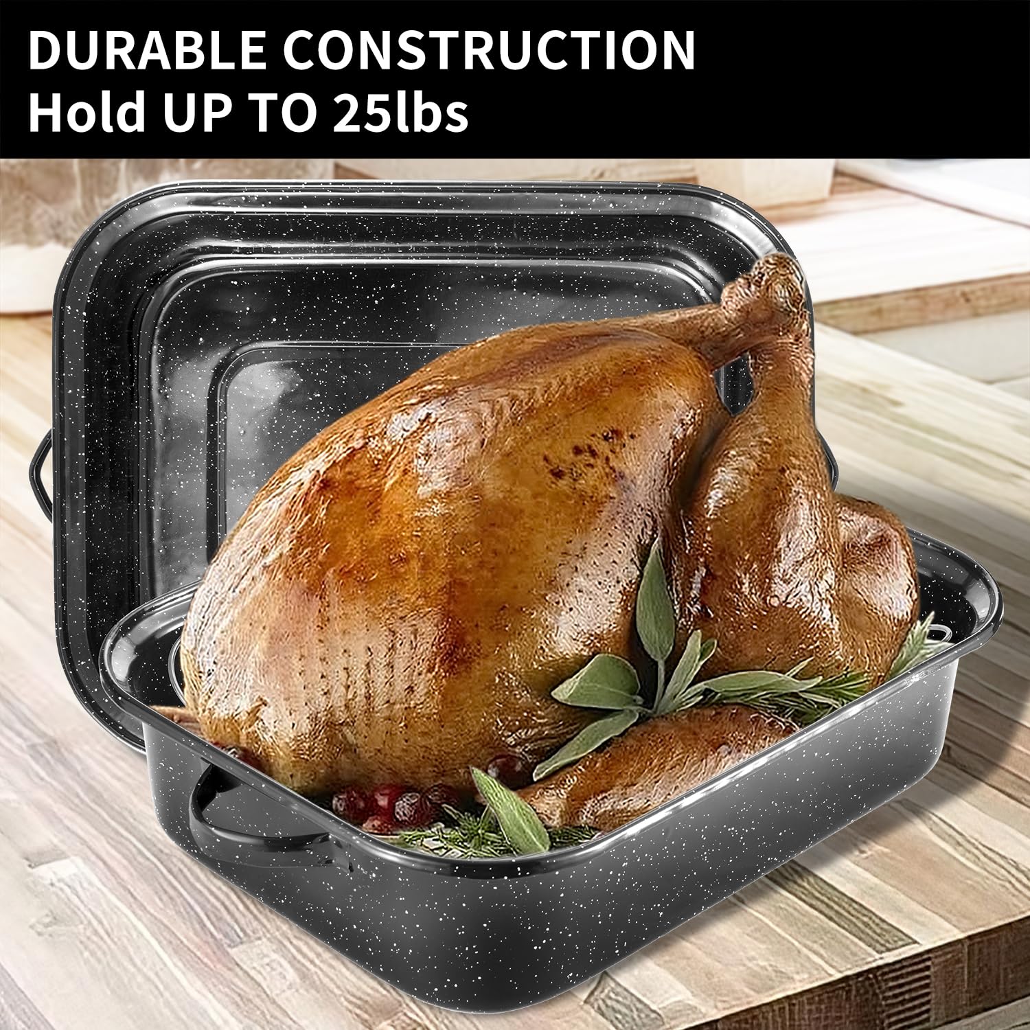 JY COOKMENT turkey roasting in pan showing how the pan fits large birds and collects drippings