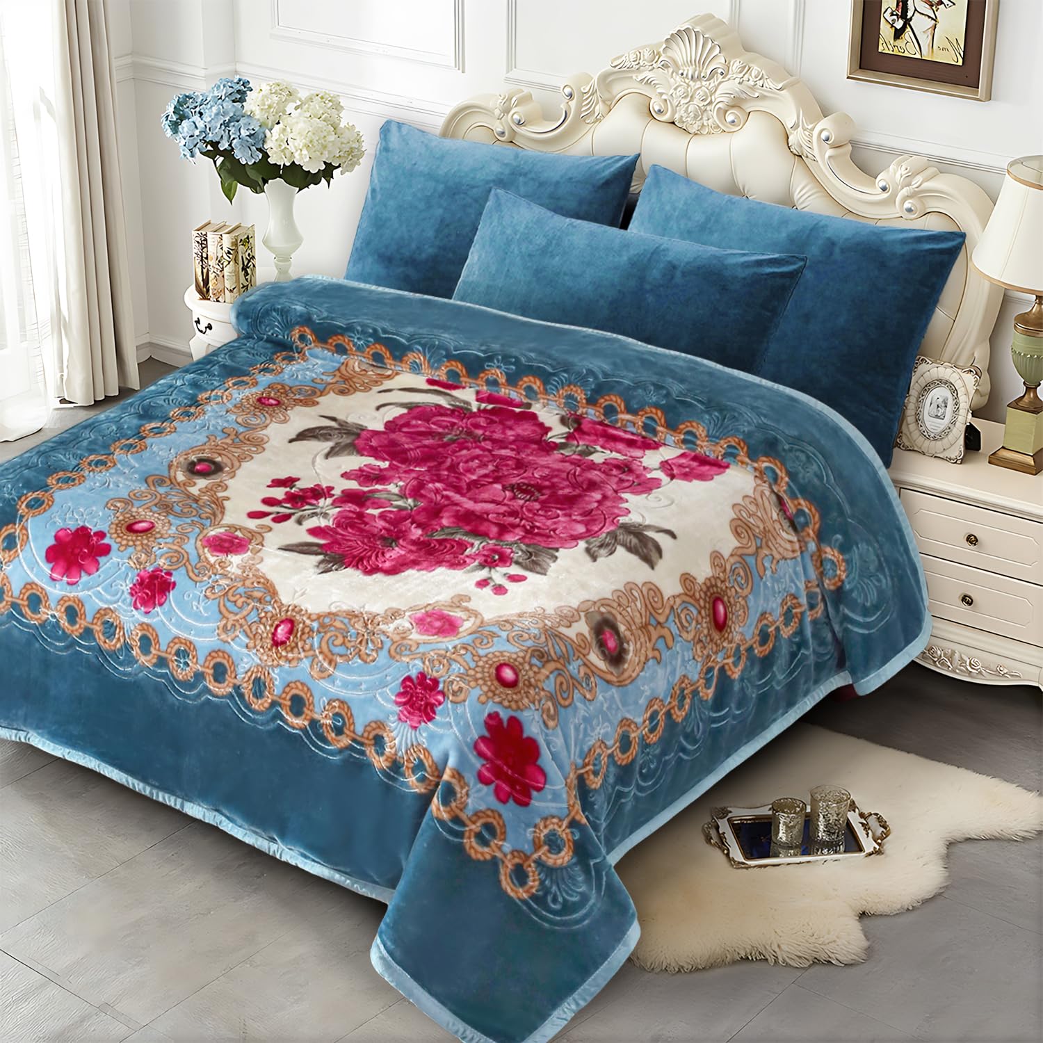 JYK blanket front view showing blue peony design and cozy warmth