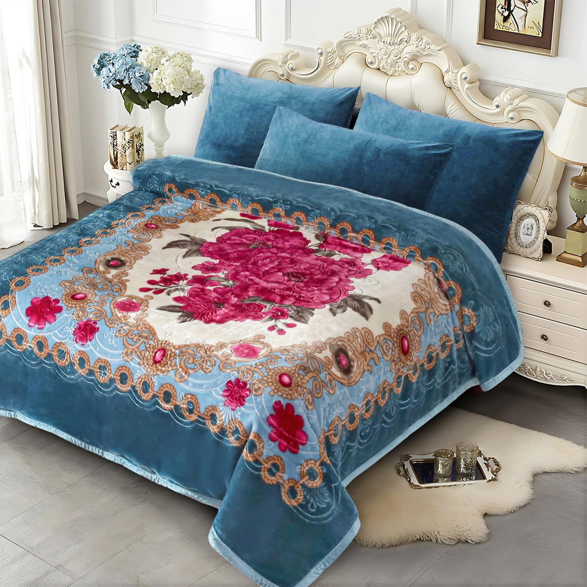 JYK blanket front view showing blue peony design and cozy warmth