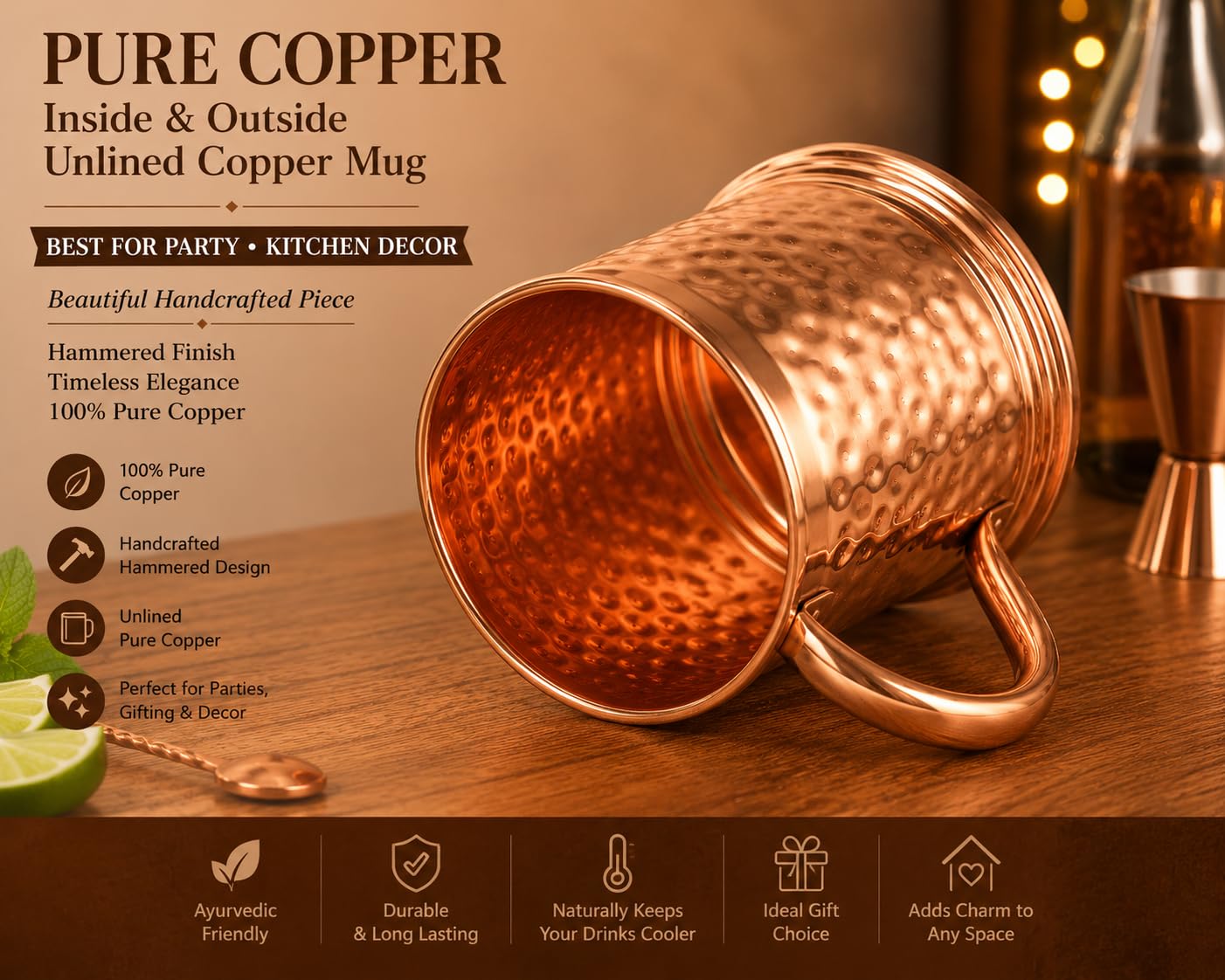 JYPR hammered copper mug staged on bar showcasing stylish presentation