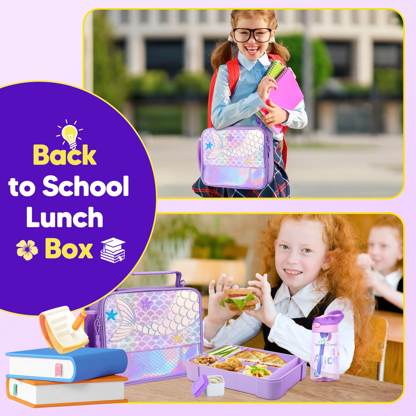 JYPS mermaid lunch set next to backpack showing ready-for-school convenience