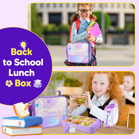 JYPS mermaid lunch set next to backpack showing ready-for-school convenience