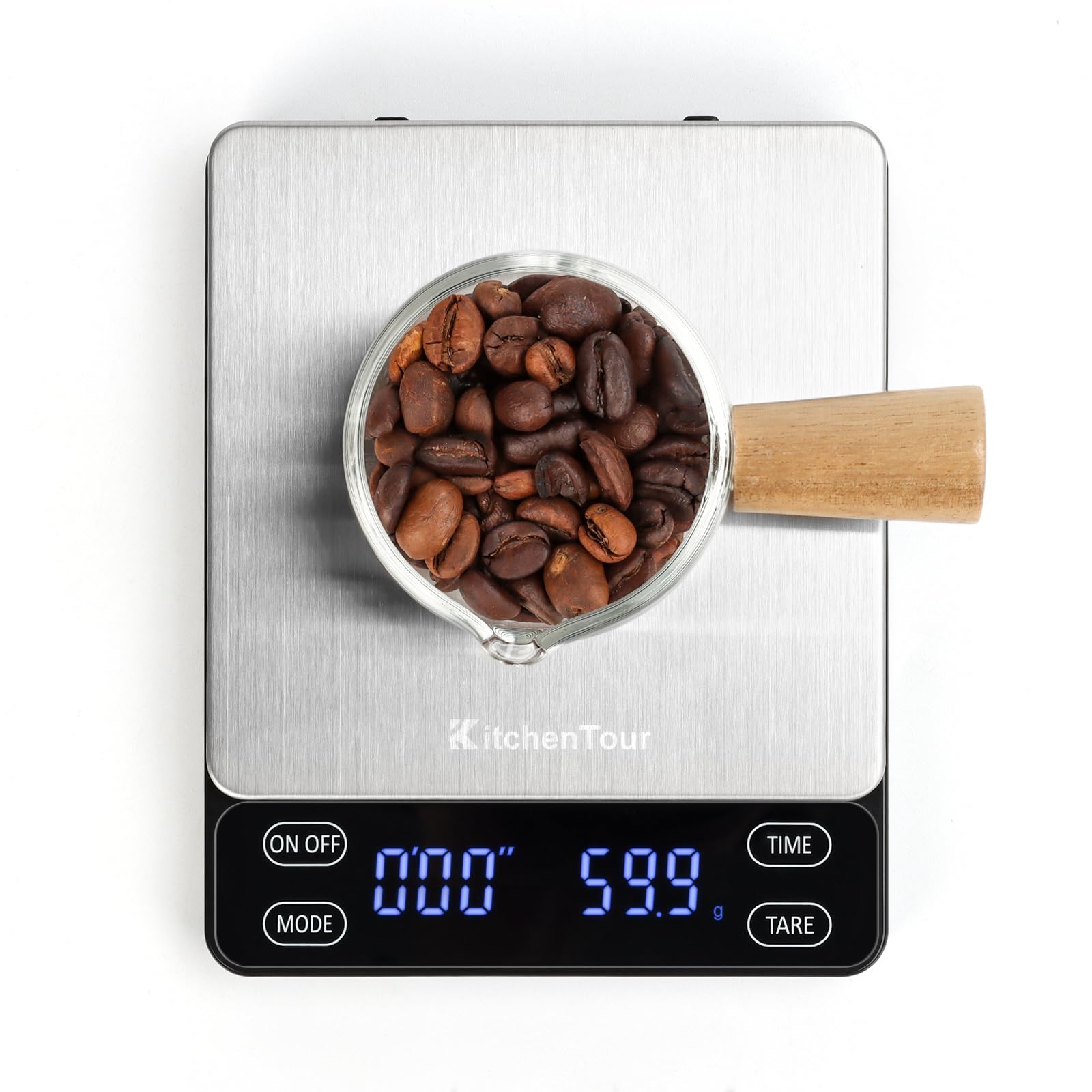 K KitchenTour front view stainless scale showing display and buttons for precise brewing