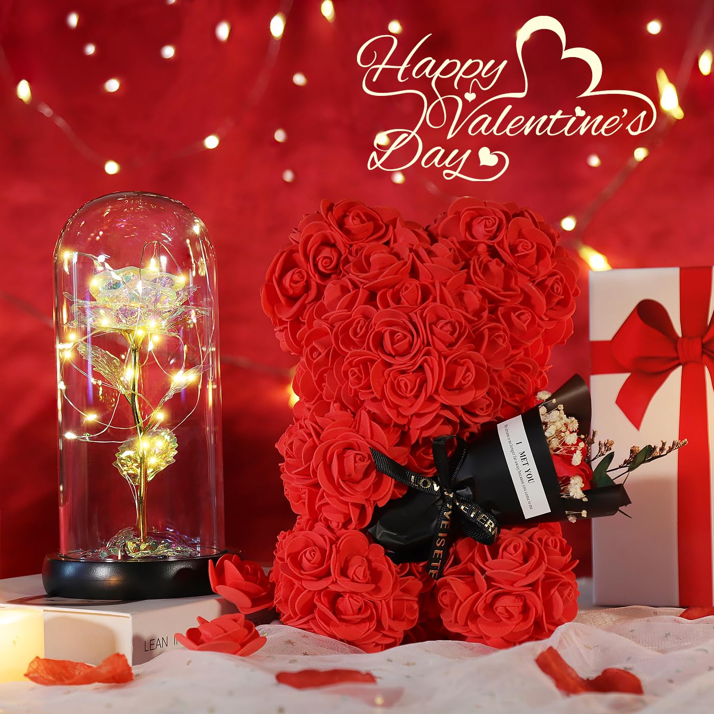 K KYMAKE rose bear and LED lamp on bedside table creating cozy decorative accent