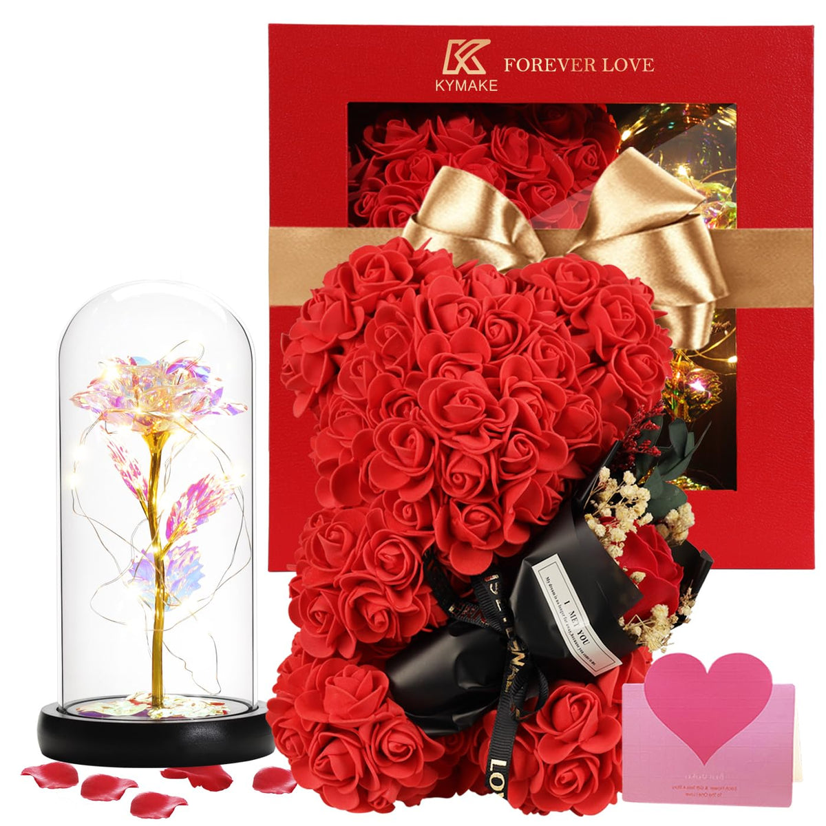 K KYMAKE rose bear front packaging showing gift-ready presentation and lasting beauty