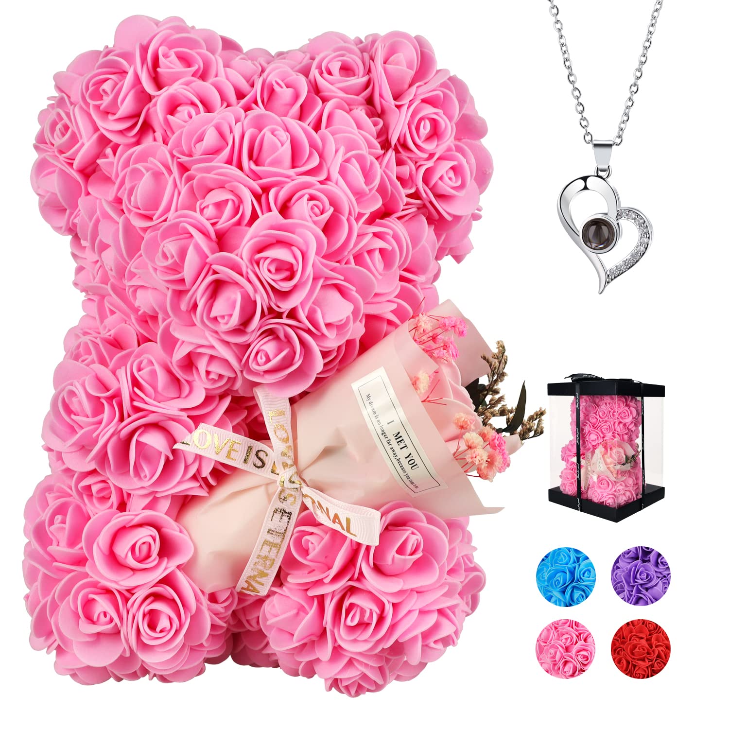 K KYMAKE front view of rose teddy bear showing elegant gift-ready appeal